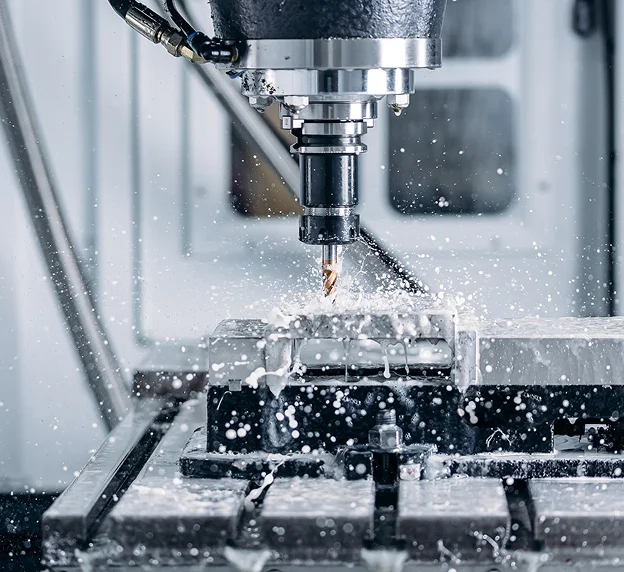 Foreuse CNC en action, liquide de refroidissement éclaboussant sur pièce métallique.