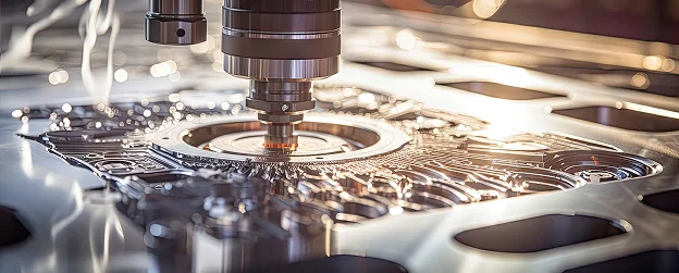 Machine-outil CNC gravant des motifs complexes sur une feuille de métal brillante.